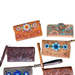 western hand tooled leather wallets/wristlets